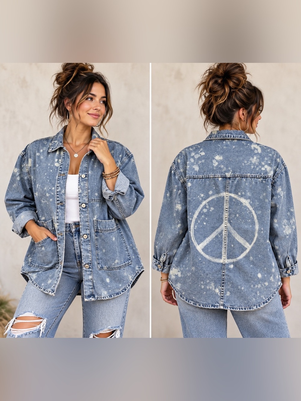 OOAK Upcycled Bleach Dyed Denim Jacket Peace Sign Oversized Small Boho Hippie